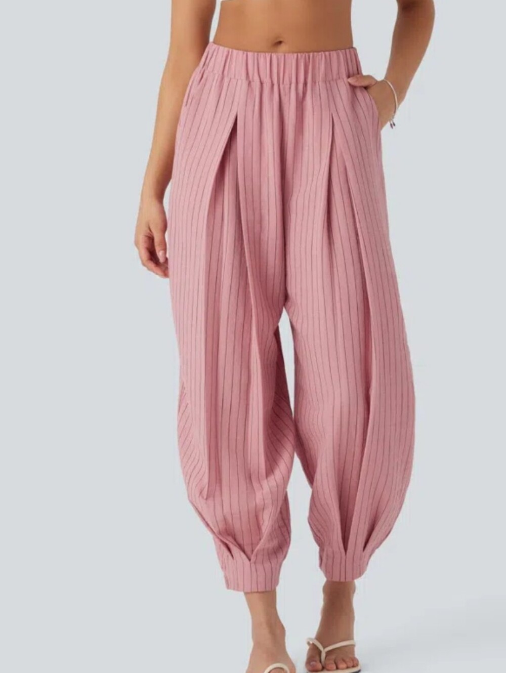 HALARA Mid Rise Stripe Casual Linen-Feel Joggers with Pockets